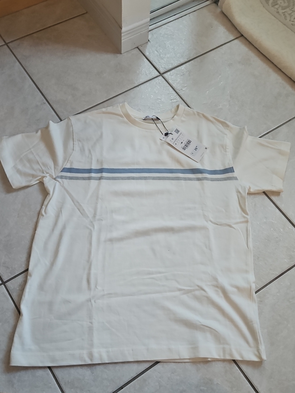 Zara White Crewneck T-Shirt  Blue Twin Chest Stripes Brand New Medium Oversized